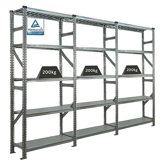 Proregal Metallregal Fachbodenregal PROXIMO 1x Grundregal + 2x Anbauregal - Traglast pro Boden: 200 kg, Anzahl Böden: 5 Stk., Stecken, Verzinkt - Schwerlastregal mit Traglastanzeige. Das robuste Regal ist ideal für Lager und Werkstätten.