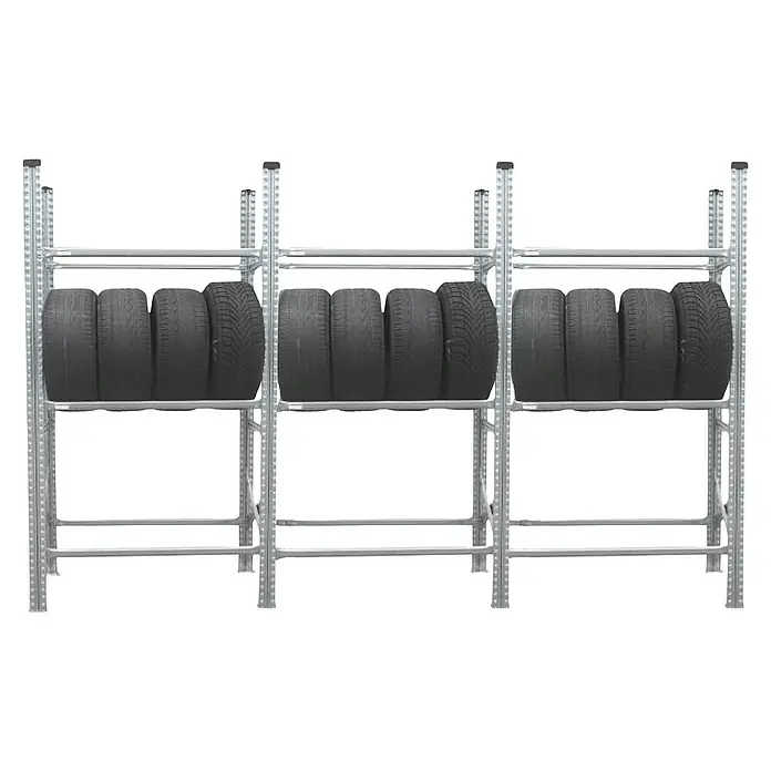Proregal Reifenregal PROXIMO 1x Grundregal + 2x Anbauregal - Stecken, Verzinkt - Reifenregal mit drei Ebenen, gefüllt mit Autoreifen. Optimale Lagerung für Reifensätze.