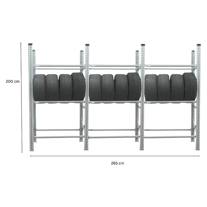 Proregal Reifenregal PROXIMO 1x Grundregal + 2x Anbauregal - Stecken, Verzinkt - Produktansicht eines Reifenregals mit drei Ebenen zur Aufbewahrung von Autoreifen, Maße 200 cm Höhe und 265 cm Breite.