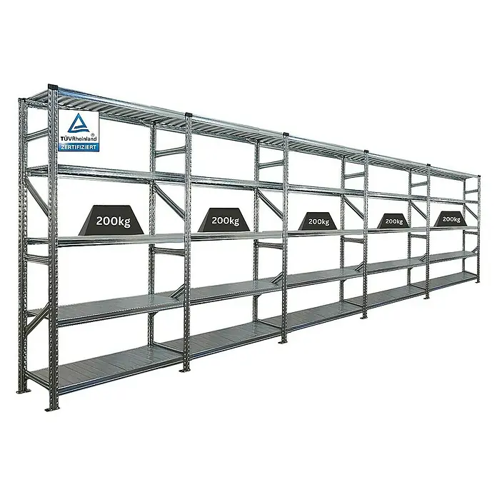 Proregal Metallregal Fachbodenregal PROXIMO 1x Grundregal + 4x Anbauregal - Traglast pro Boden: 200 kg, Anzahl Böden: 5 Stk., Stecken, Verzinkt - Abbildung eines langen, silbernen Metallregals mit mehreren Ebenen und Gewichten zur Lastverteilung.