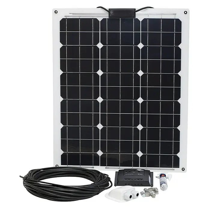 Sunset Solarmodul-Set Laminat - Nennleistung: 50 W, Für Booten, Yachten und Wohnmobilen - Ein flexibles Solarpanel-Kit mit Kabeln, Laderegler und Montagezubehör für eine einfache Installation. Ideal für Wohnmobile und Boote.