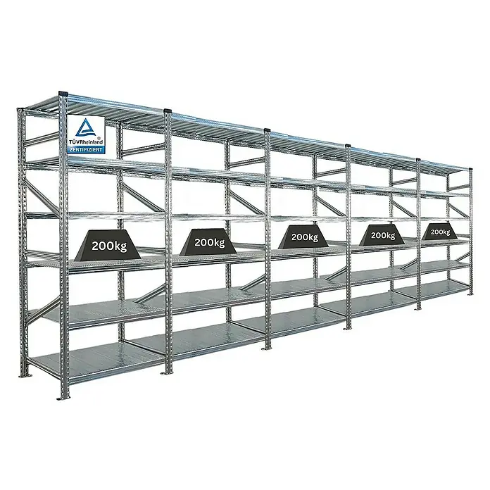 Proregal Metallregal Fachbodenregal PROXIMO 1x Grundregal + 4x Anbauregal - Traglast pro Boden: 200 kg, Anzahl Böden: 6 Stk., Stecken, Verzinkt - Lagerregal mit Gewichten. Das Schwerlastregal aus Metall bietet viel Stauraum für schwere Gegenstände und ist TÜV-zertifiziert.