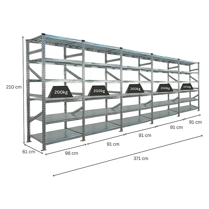 Proregal Metallregal Fachbodenregal PROXIMO 1x Grundregal + 4x Anbauregal - Traglast pro Boden: 200 kg, Anzahl Böden: 6 Stk., Stecken, Verzinkt - Ein langes, silbernes Schwerlastregal mit mehreren Ebenen und Gewichten zur Veranschaulichung der Tragfähigkeit.