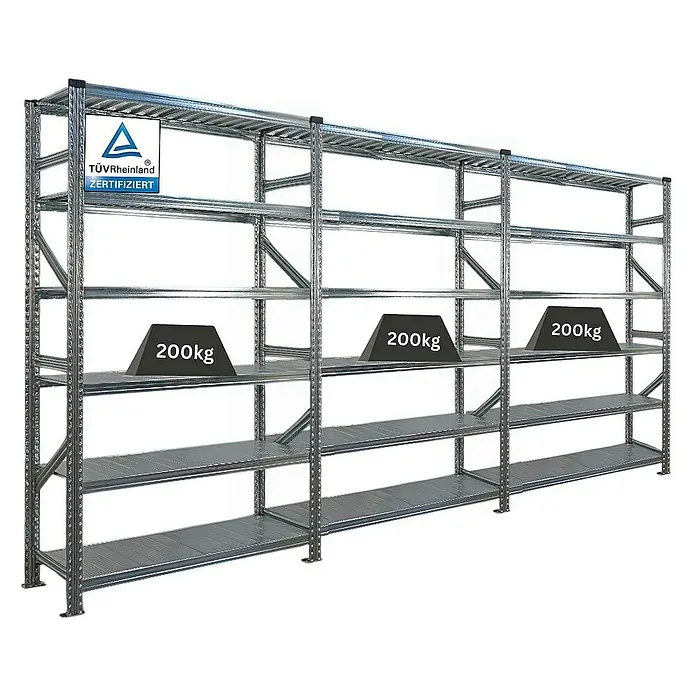 Proregal Metallregal Fachbodenregal PROXIMO 1x Grundregal + 2x Anbauregal - Traglast pro Boden: 200 kg, Anzahl Böden: 6 Stk., Stecken, Verzinkt - Regal mit vier Ebenen und Gewichten zur Veranschaulichung der Belastbarkeit. Das robuste Metallregal ist TÜV Rheinland zertifiziert.
