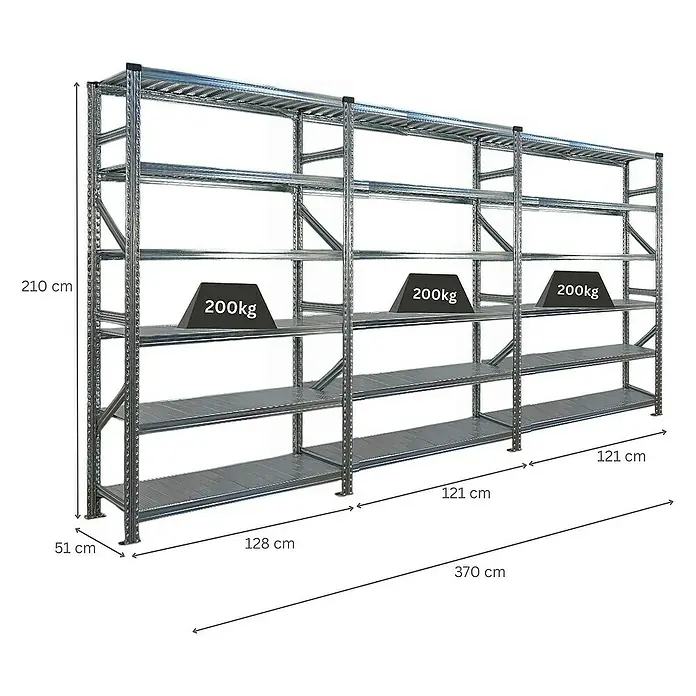 Proregal Metallregal Fachbodenregal PROXIMO 1x Grundregal + 2x Anbauregal - Traglast pro Boden: 200 kg, Anzahl Böden: 6 Stk., Stecken, Verzinkt - Ein Bild eines Metallregals mit mehreren Ebenen und Gewichtsangaben, das die Tragfähigkeit des Regals demonstriert.