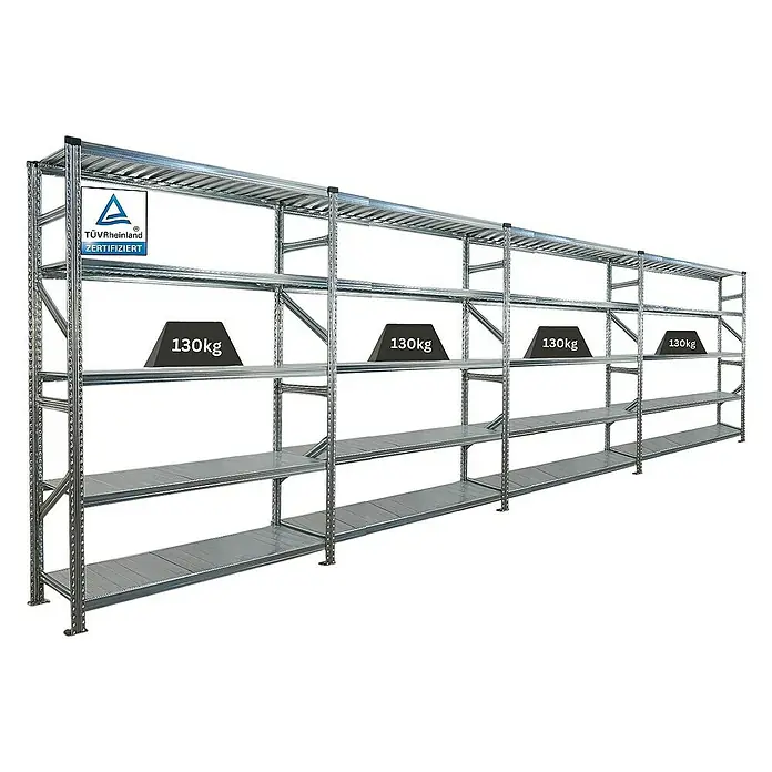 Proregal Metallregal Fachbodenregal PROXIMO 1x Grundregal + 3x Anbauregal - Traglast pro Boden: 130 kg, Anzahl Böden: 5 Stk., Stecken, Verzinkt - Ein langes, silbernes Schwerlastregal mit mehreren Böden, von denen einige mit Gewichten von 130 kg belastet sind. Das Regal ist TÜV-Rheinland zertifiziert.
