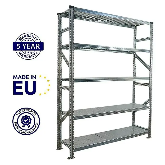 Proregal Metallregal Fachbodenregal PROXIMO 1x Grundregal + 3x Anbauregal - Traglast pro Boden: 130 kg, Anzahl Böden: 5 Stk., Stecken, Verzinkt - Abbildung eines robusten Metallregals mit fünf Ablagen, ideal für Lagerung und Organisation. Das Regal ist TÜV-zertifiziert und bietet 5 Jahre Garantie.