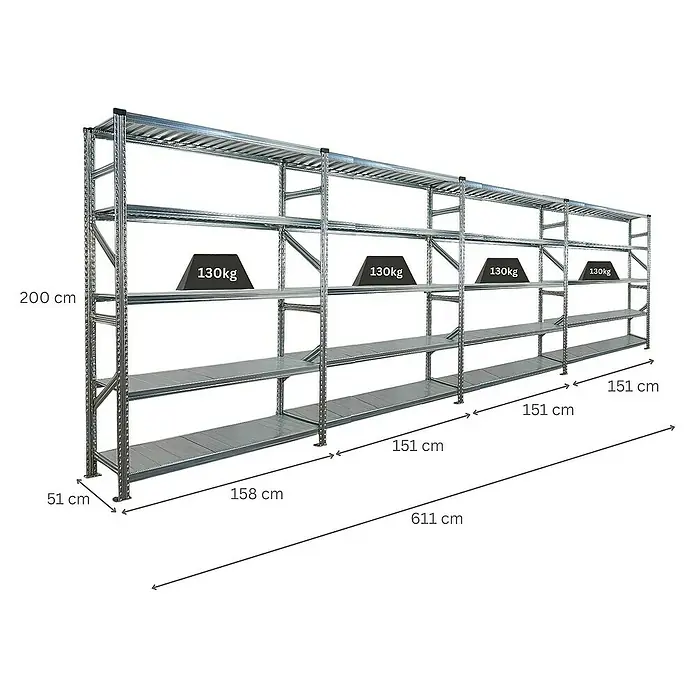 Proregal Metallregal Fachbodenregal PROXIMO 1x Grundregal + 3x Anbauregal - Traglast pro Boden: 130 kg, Anzahl Böden: 5 Stk., Stecken, Verzinkt - Abbildung eines Schwerlastregals mit vier Ebenen, belastbar bis 130 kg pro Ebene, mit Maßangaben für Höhe, Breite und Tiefe.