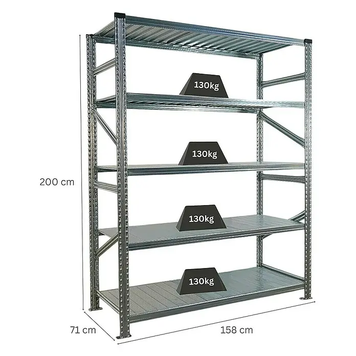 Proregal Metallregal Fachbodenregal PROXIMO Grundregal - Traglast pro Boden: 130 kg, Anzahl Böden: 5 Stk., Stecken, Verzinkt - Metallregal mit vier Ebenen und Gewichtsangabe. Ideal für Lagerung, robust und platzsparend mit den Maßen 200x158x71 cm.