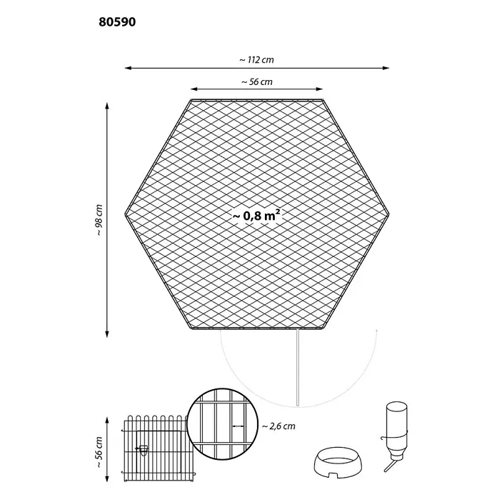 Dobar Freilaufgehege - 112 x 98 x 56 cm, Grau - Schematische Zeichnung eines sechseckigen Freilaufgeheges mit Zubehör und Maßangaben für den Außenbereich.