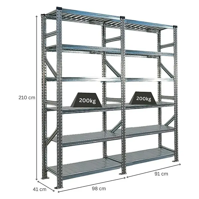 Proregal Metallregal Fachbodenregal PROXIMO 1x Grundregal + 1x Anbauregal - Traglast pro Boden: 200 kg, Anzahl Böden: 6 Stk., Stecken, Verzinkt - Das Bild zeigt ein Schwerlastregal aus Metall mit mehreren Ablageflächen und Gewichtsangaben.