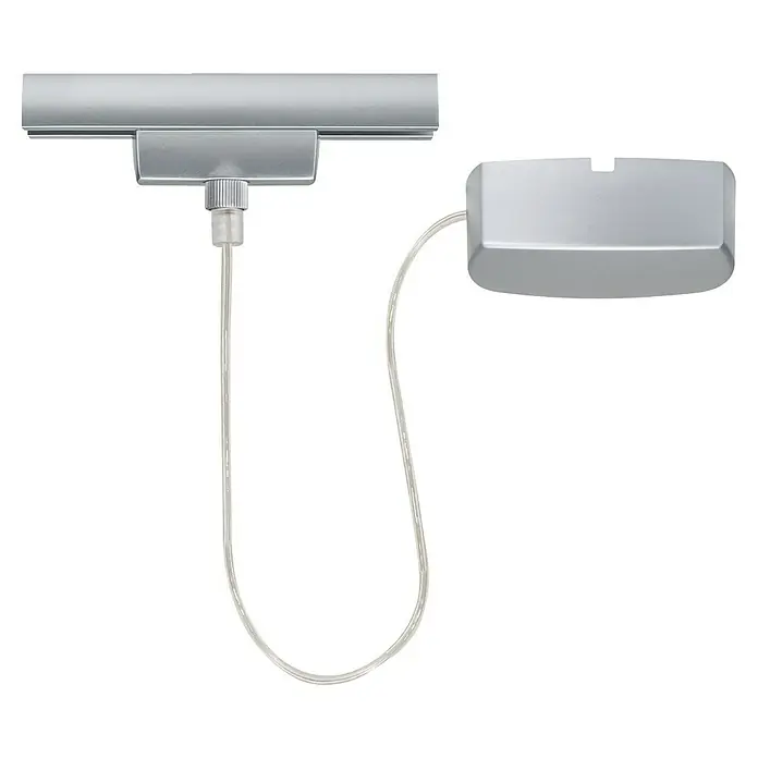 Paulmann URail Stromeinspeisung - 100 cm, 1.000 W, Chrom matt - Silbernes Schienensystem mit einem transparenten Kabel, das zu einem rechteckigen Gerät führt. Elegantes Design für moderne Beleuchtungslösungen.