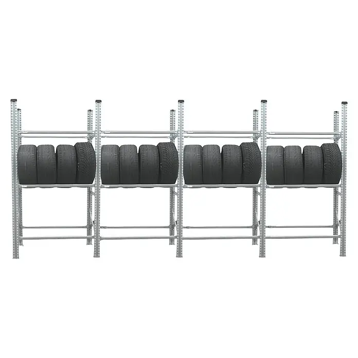 Proregal Reifenregal PROXIMO 1x Grundregal + 3x Anbauregal - H x B x T: 200 x 360 x 40 cm, Stecken, Verzinkt - Reifenregal mit mehreren Reifen. Das Regal ist aus Metall und bietet Platz für mehrere Reifen unterschiedlicher Größen.