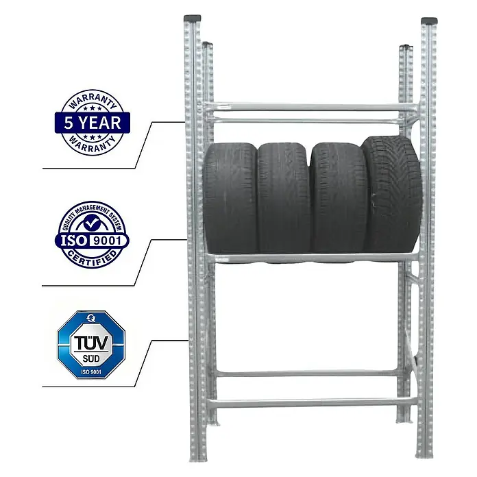Proregal Reifenregal PROXIMO 1x Grundregal + 3x Anbauregal - H x B x T: 200 x 360 x 40 cm, Stecken, Verzinkt - Reifenregal mit vier Reifen und den Gütesiegeln 5 Jahre Garantie, ISO 9001 zertifiziert und TÜV Süd ISO 9001.