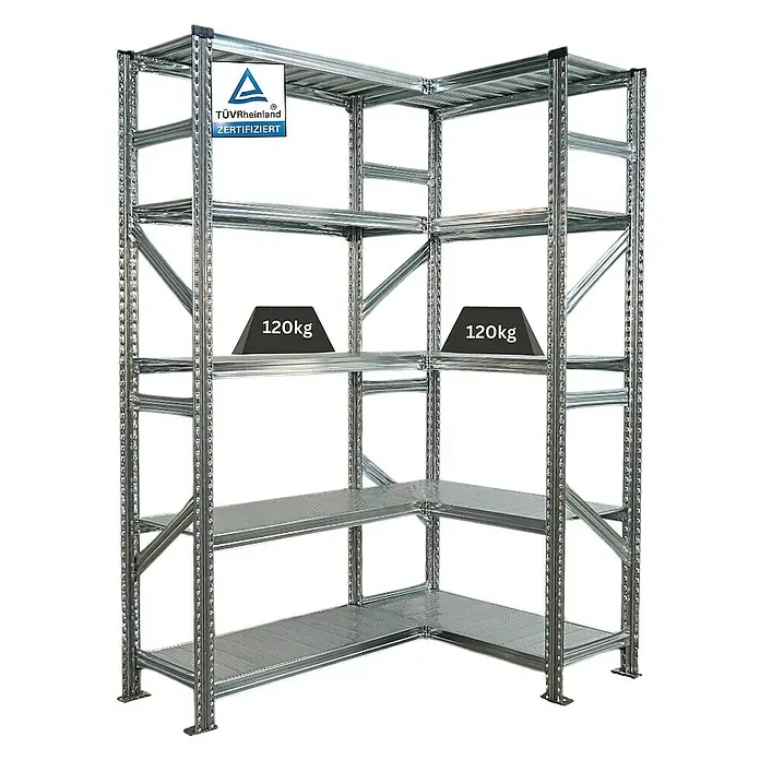 Proregal Eckregal PROXIMO - H x B x T: 200 x 90 x 32 cm, Traglast pro Boden: 100 kg, Anzahl Böden: 5 Stk., Stecken, Verzinkt - Lagerregal aus Metall mit vier Ebenen und Gewichtsangabe.