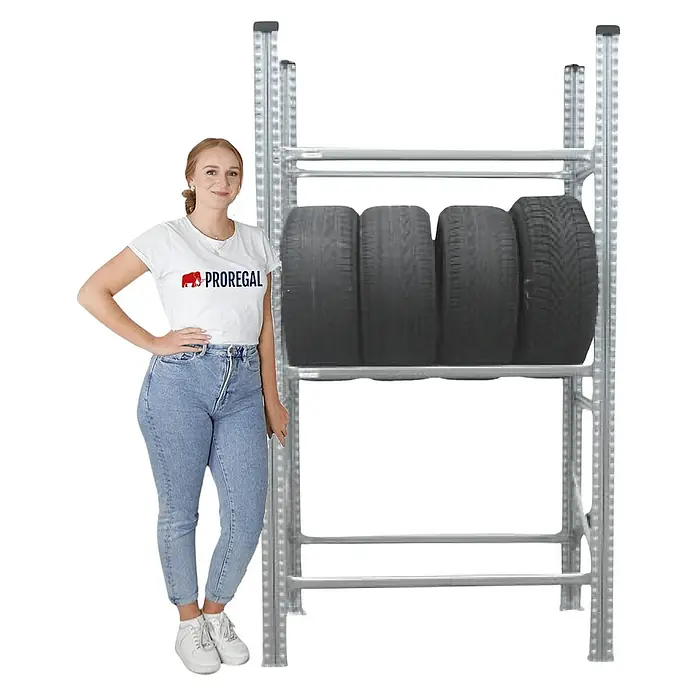 Proregal Reifenregal PROXIMO 1x Grundregal + 3x Anbauregal - H x B x T: 200 x 360 x 40 cm, Stecken, Verzinkt - Reifenregal mit vier Reifen, ideal für die Lagerung von Autoreifen. Praktische Lösung für Werkstatt oder Garage.