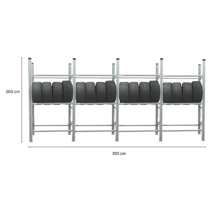 Proregal Reifenregal PROXIMO 1x Grundregal + 3x Anbauregal - H x B x T: 200 x 360 x 40 cm, Stecken, Verzinkt - Reifenregal mit vier Ebenen zur Lagerung von Autoreifen, übersichtlich angeordnet und bereit für den saisonalen Wechsel.