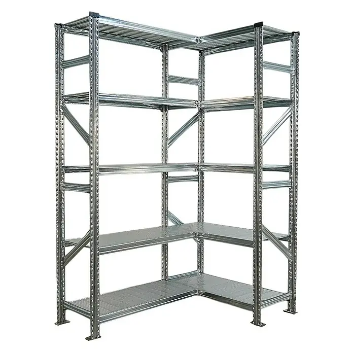 Proregal Eckregal PROXIMO - H x B x T: 200 x 90 x 32 cm, Traglast pro Boden: 100 kg, Anzahl Böden: 5 Stk., Stecken, Verzinkt - Das Bild zeigt ein Eckregal aus Metall mit mehreren Ebenen, ideal für Lagerung und Organisation. Das Regal ist robust und stabil.