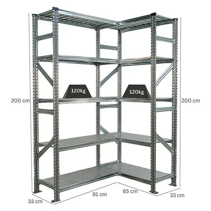 Proregal Eckregal PROXIMO - H x B x T: 200 x 90 x 32 cm, Traglast pro Boden: 100 kg, Anzahl Böden: 5 Stk., Stecken, Verzinkt - Das Bild zeigt ein Eckregal aus Metall mit vier Ebenen und Gewichtsangaben.