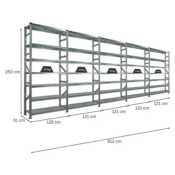Proregal Metallregal Fachbodenregal PROXIMO 1x Grundregal + 4x Anbauregal - H x B x T: 250 x 120 x 50 cm, Traglast pro Boden: 200 kg, Anzahl Böden: 7 Stk., Stecken, Verzinkt - Bild eines Schwerlastregals aus Metall, das sich ideal zur Lagerung von Waren und Gegenständen eignet.