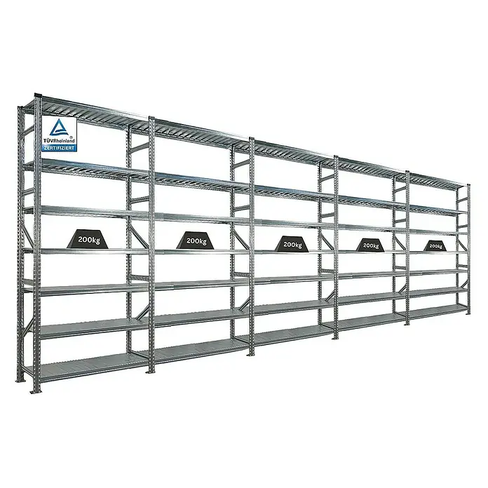 Proregal Metallregal Fachbodenregal PROXIMO 1x Grundregal + 4x Anbauregal - H x B x T: 250 x 120 x 50 cm, Traglast pro Boden: 200 kg, Anzahl Böden: 7 Stk., Stecken, Verzinkt - Regalsystem mit mehreren Ebenen und einer Traglast von 200kg pro Fach, ideal für Lager und Archiv. Zertifiziert für hohe Qualitätsstandards.