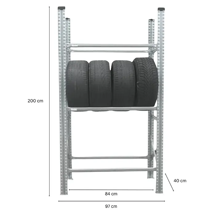 Proregal Reifenregal PROXIMO Grundregal - H x B x T: 200 x 90 x 40 cm, Stecken, Verzinkt - Bild eines Reifenregals aus Metall mit vier Reifen. Das Regal ist 200 cm hoch und 97 cm breit.