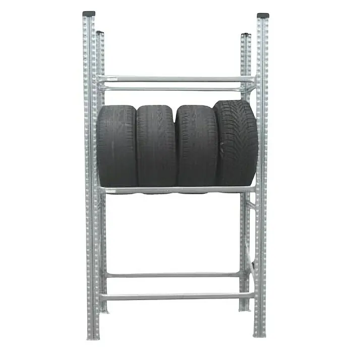 Proregal Reifenregal PROXIMO Grundregal - H x B x T: 200 x 90 x 40 cm, Stecken, Verzinkt - Reifenregal mit vier Reifen. Das Regal ist aus Metall und hat zwei Ebenen. Ideal für die Lagerung von Reifen in der Garage oder im Keller.