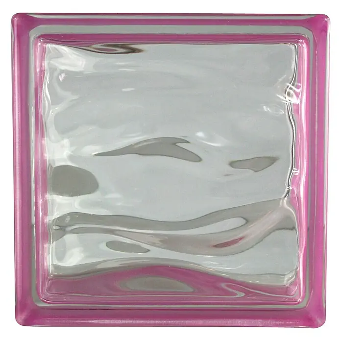 Fuchs Design Glasbaustein BM Reflex - Amethyst, Aqua, 19 x 19 x 8 cm - Nahaufnahme eines quadratischen Glasbausteins mit welliger Oberfläche und pinkfarbenem Rahmen, der Licht verzerrt.