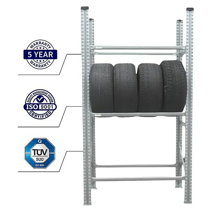 Proregal Reifenregal PROXIMO Grundregal - H x B x T: 200 x 90 x 40 cm, Stecken, Verzinkt - Ein Reifenregal aus Metall mit vier Reifen in der oberen Ablage, gekennzeichnet mit Qualitäts- und Garantiesiegeln.