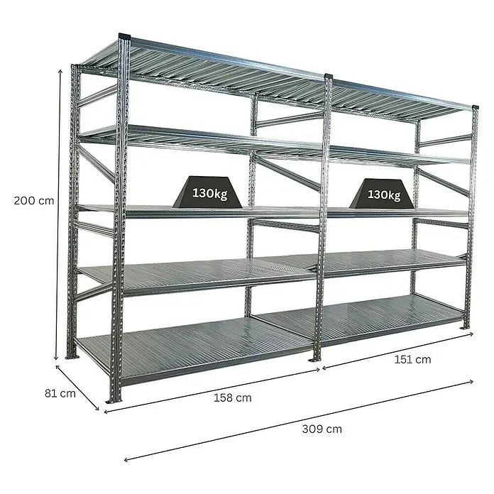 Proregal Metallregal Fachbodenregal PROXIMO 1x Grundregal + 1x Anbauregal - Traglast pro Boden: 130 kg, Anzahl Böden: 5 Stk., Stecken, Verzinkt - Metallregal mit mehreren Ebenen, geeignet für Lagerung und Organisation, mit den Maßen 309 cm x 81 cm x 200 cm.