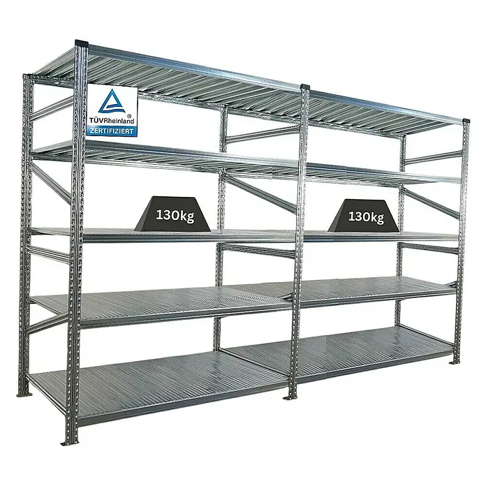 Proregal Metallregal Fachbodenregal PROXIMO 1x Grundregal + 1x Anbauregal - Traglast pro Boden: 130 kg, Anzahl Böden: 5 Stk., Stecken, Verzinkt - Bild eines stabilen Schwerlastregals aus Metall mit mehreren Ebenen, zertifiziert und belastbar bis zu 130kg pro Fach.