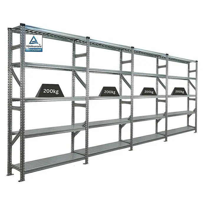 Proregal Metallregal Fachbodenregal PROXIMO 1x Grundregal + 3x Anbauregal - Traglast pro Boden: 200 kg, Anzahl Böden: 5 Stk., Stecken, Verzinkt - Regalsystem aus Metall mit mehreren Ebenen, zertifiziert, belastbar bis 200kg pro Ebene.
