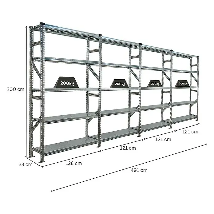 Proregal Metallregal Fachbodenregal PROXIMO 1x Grundregal + 3x Anbauregal - Traglast pro Boden: 200 kg, Anzahl Böden: 5 Stk., Stecken, Verzinkt - Ansicht eines robusten Metallregalsystems mit mehreren Ebenen, ideal für Lagerung und Organisation.