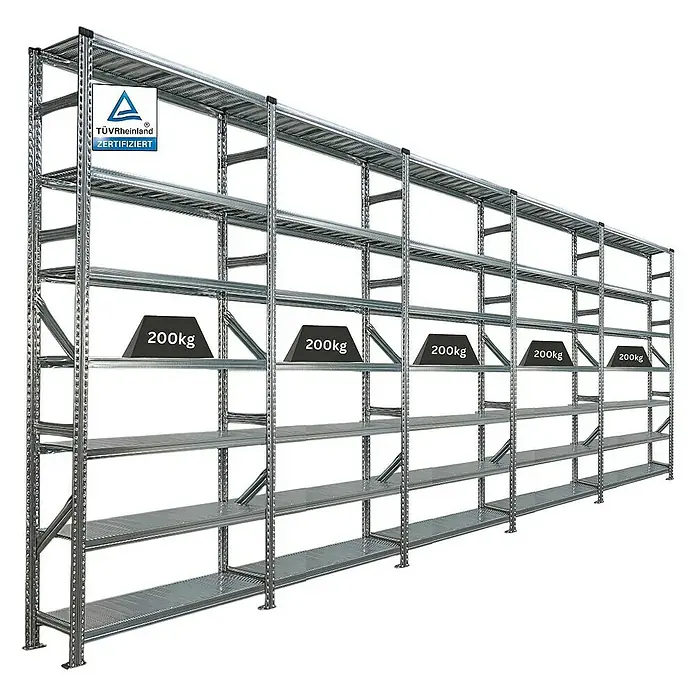 Proregal Metallregal Fachbodenregal PROXIMO 1x Grundregal + 4x Anbauregal - Traglast pro Boden: 200 kg, Anzahl Böden: 7 Stk., Stecken, Verzinkt - Schwerlastregal mit fünf Ebenen, jede mit 200 kg belastbar, ideal für Lager und Werkstatt. TÜV Rheinland zertifiziert.