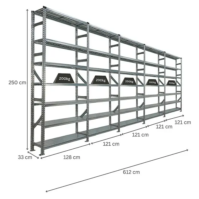 Proregal Metallregal Fachbodenregal PROXIMO 1x Grundregal + 4x Anbauregal - Traglast pro Boden: 200 kg, Anzahl Böden: 7 Stk., Stecken, Verzinkt - Abbildung eines langen, grauen Schwerlastregals mit mehreren Ebenen zur Lagerung schwerer Gegenstände.