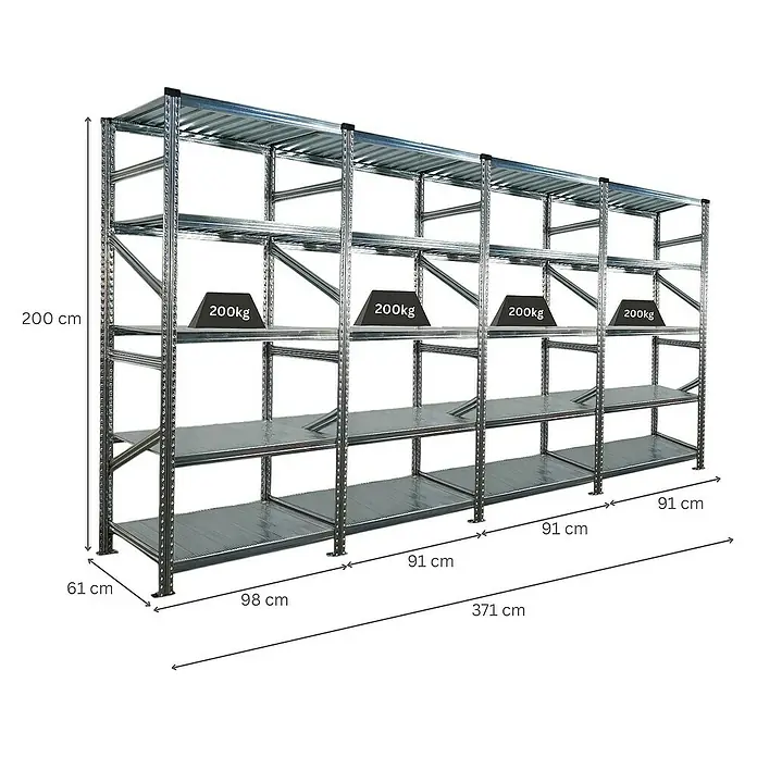 Proregal Metallregal Fachbodenregal PROXIMO 1x Grundregal + 3x Anbauregal - Traglast pro Boden: 200 kg, Anzahl Böden: 5 Stk., Stecken, Verzinkt - Aufnahme eines robusten, mehrstöckigen Metallregals mit Gewichtsangaben für jede Ebene.