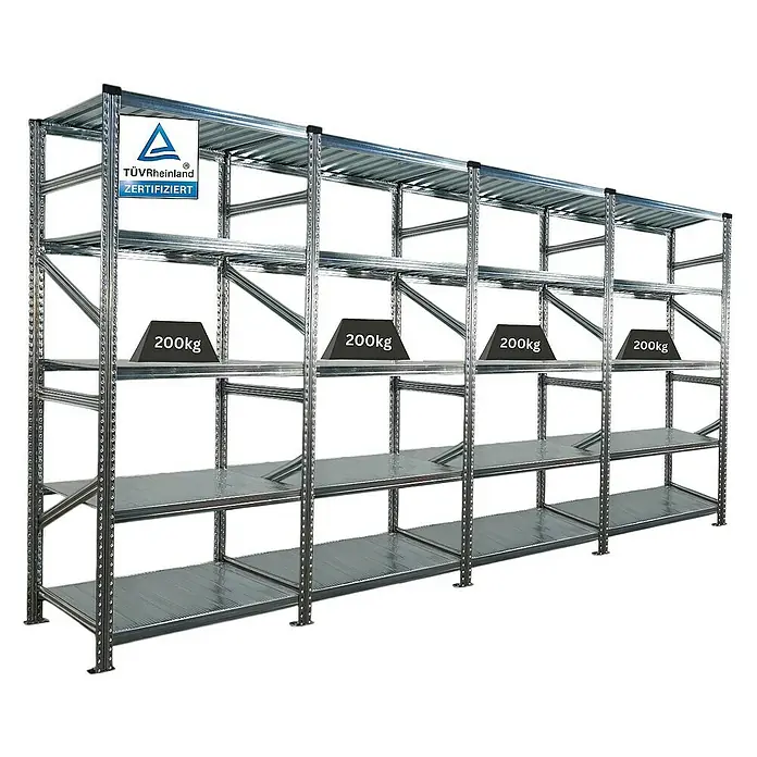 Proregal Metallregal Fachbodenregal PROXIMO 1x Grundregal + 3x Anbauregal - Traglast pro Boden: 200 kg, Anzahl Böden: 5 Stk., Stecken, Verzinkt - Schwerlastregal mit vier Ebenen und Gewichten, TÜV-Rheinland zertifiziert. Ideal für Lager und Werkstatt mit hoher Traglast.
