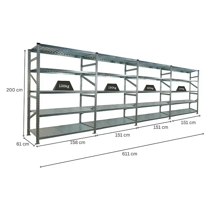 Proregal Metallregal Fachbodenregal PROXIMO 1x Grundregal + 3x Anbauregal - Traglast pro Boden: 130 kg, Anzahl Böden: 5 Stk., Stecken, Verzinkt - Metallregal mit vier Ebenen, Maße: 200 cm hoch, 61 cm tief, 611 cm breit, belastbar mit 130 kg pro Ebene.