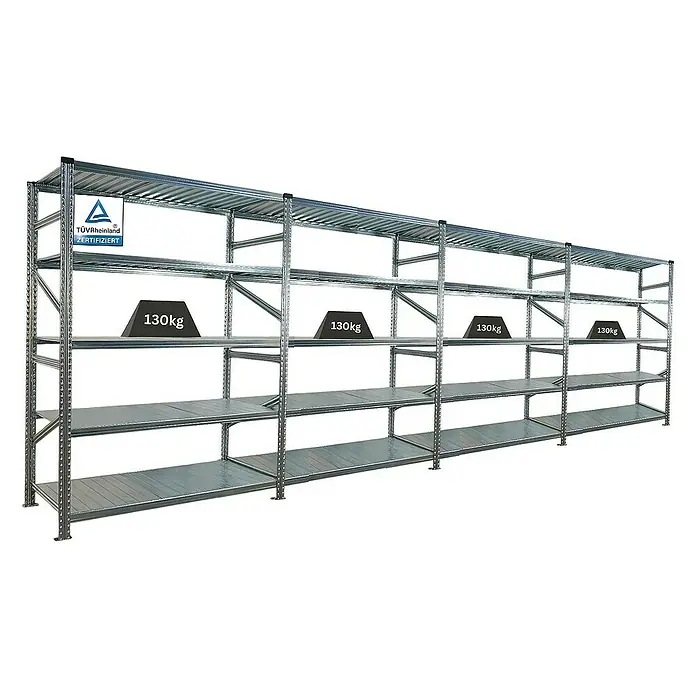 Proregal Metallregal Fachbodenregal PROXIMO 1x Grundregal + 3x Anbauregal - Traglast pro Boden: 130 kg, Anzahl Böden: 5 Stk., Stecken, Verzinkt - Regal mit vier Ebenen, mit je 130 kg belastet, zur Lagerung von Waren oder Materialien.