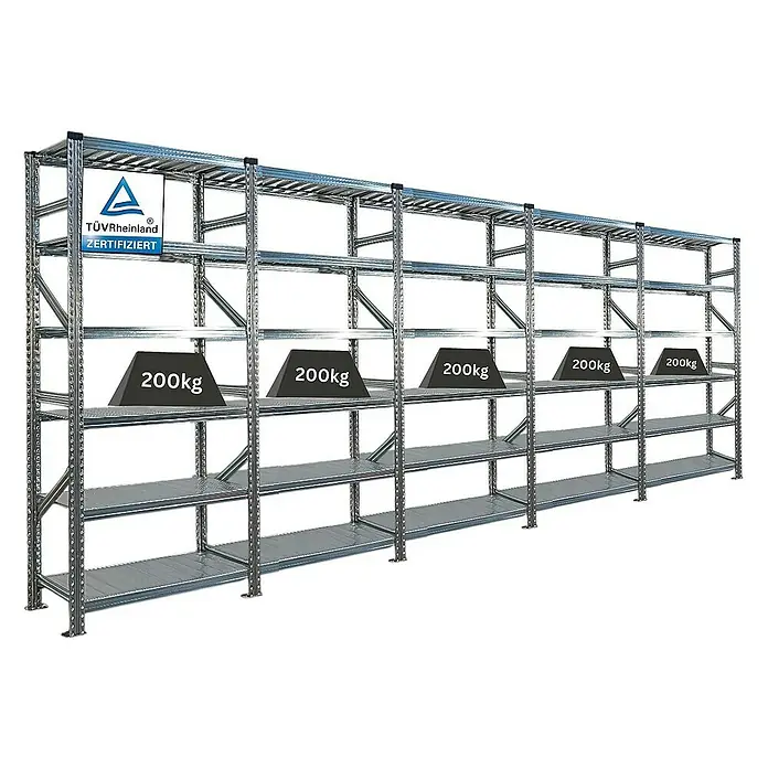 Proregal Metallregal Fachbodenregal PROXIMO 1x Grundregal + 4x Anbauregal - Traglast pro Boden: 200 kg, Anzahl Böden: 6 Stk., Stecken, Verzinkt - Regal mit fünf Fächern, belastet mit 200kg Gewichten, zertifiziert durch TÜV Rheinland für Stabilität und Sicherheit.