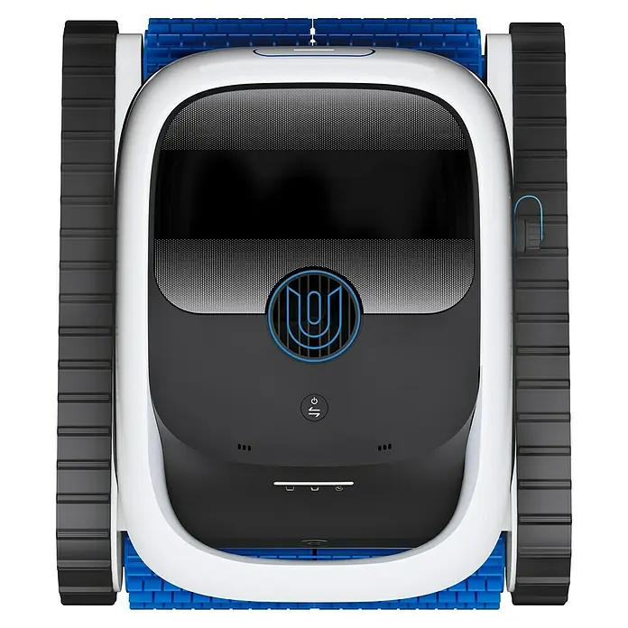 Ecovacs Poolroboter Ultramarine P1 - Akkubetrieben, Passend für: Pools bis 180 m² Grundfläche, Filterleistung: 18.200 l/h - Ansicht von oben auf einen weißen Poolreinigungsroboter mit blauen Akzenten und Raupen.