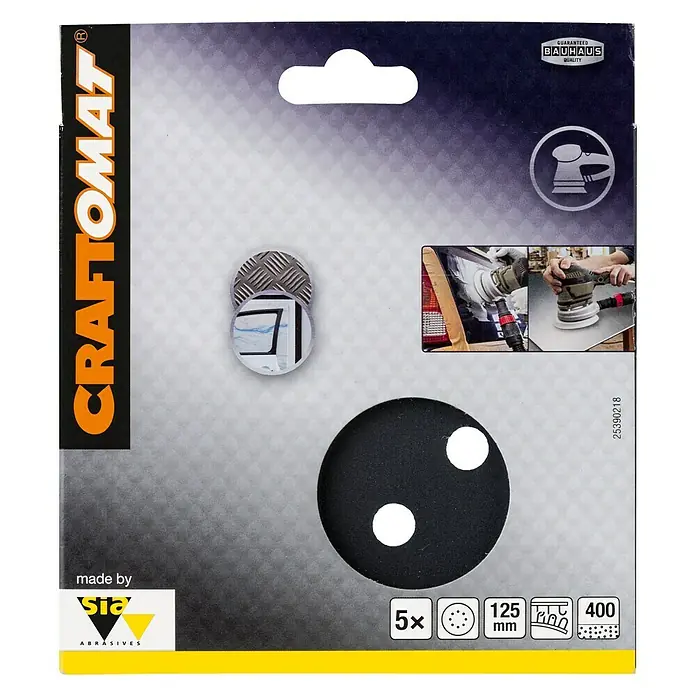 Craftomat Hoja de lija BFCC - Diámetro: 125 mm, Grano: 400, Perforado - Discos de lija Craftomat, ideales para el lijado de superficies. Incluye garantía de calidad Bauhaus para obtener los mejores resultados.