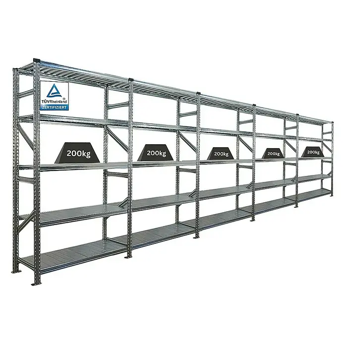 Proregal Metallregal Fachbodenregal PROXIMO 1x Grundregal + 4x Anbauregal - Traglast pro Boden: 200 kg, Anzahl Böden: 5 Stk., Stecken, Verzinkt - Metallregal mit mehreren Fächern, belastet mit 200kg Gewichten, zertifiziert für schwere Lasten.
