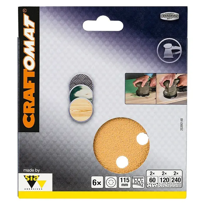 Craftomat Set de hojas de lija - Grano: 60 mm - 240 mm, 6 ud., Diámetro: 115 mm - Juego de discos de lijar CRAFTOMAT con tres granos diferentes (60, 120, 240) y un diámetro de 115 mm para tareas de lijado versátiles.