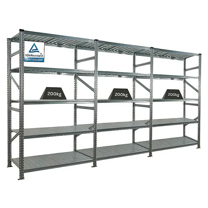 Proregal Metallregal Fachbodenregal PROXIMO 1x Grundregal + 2x Anbauregal - Traglast pro Boden: 200 kg, Anzahl Böden: 5 Stk., Stecken, Verzinkt - Schwerlastregal mit vier Ebenen, jede mit einer Belastbarkeit von 200 kg, ideal für Lagerung und Organisation.