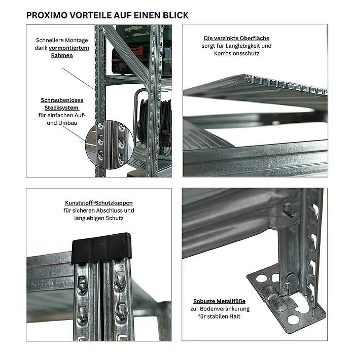 Proregal Metallregal Fachbodenregal PROXIMO 1x Grundregal + 2x Anbauregal - Traglast pro Boden: 200 kg, Anzahl Böden: 5 Stk., Stecken, Verzinkt - Proximo Regalsystem-Vorteile: Vormontierter Rahmen für schnelle Montage, schraubenloses Stecksystem, verzinkte Oberfläche, Kunststoffschutzkappen, robuste Metallfüße.