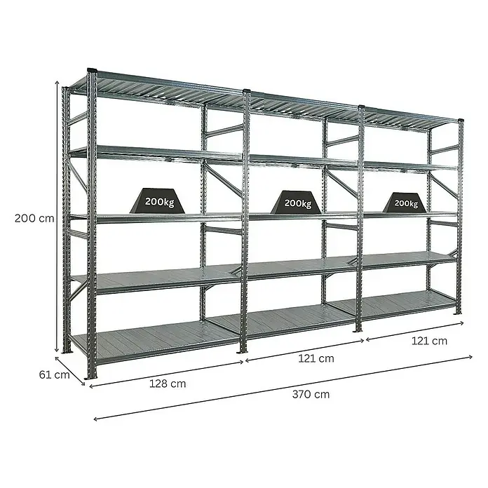 Proregal Metallregal Fachbodenregal PROXIMO 1x Grundregal + 2x Anbauregal - Traglast pro Boden: 200 kg, Anzahl Böden: 5 Stk., Stecken, Verzinkt - Dreireihiges Metallregal zur Aufbewahrung mit Gewichtsangaben, ideal für Lagerung und Organisation.