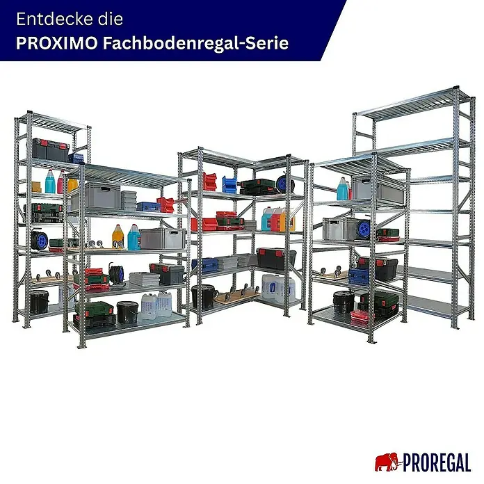 Proregal Metallregal Fachbodenregal PROXIMO 1x Grundregal + 2x Anbauregal - Traglast pro Boden: 200 kg, Anzahl Böden: 5 Stk., Stecken, Verzinkt - Abbildung eines PROXIMO Fachbodenregal-Sets, ideal für Lagerung und Ordnung. Robuste Konstruktion für vielfältige Anwendungen.