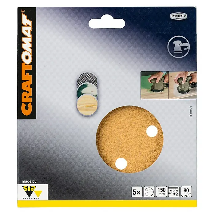 Craftomat Hoja de lija BFWP - Diámetro: 150 mm, Grano: 80, Perforado - Discos de lija CRAFTOMAT, 5 unidades, diámetro de 150 mm, grano 80, para un lijado eficaz de superficies.