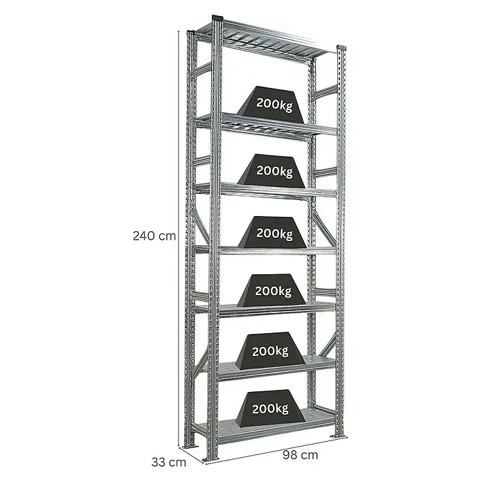 Proregal Metallregal Fachbodenregal PROXIMO Grundregal - H x B x T: 240 x 90 x 32 cm, Traglast pro Boden: 200 kg, Anzahl Böden: 7 Stk., Stecken, Verzinkt - Bild eines silbernen Schwerlastregals mit sechs Ebenen, jede mit einem Gewicht von 200 kg belastet. Die Abmessungen sind 240 cm hoch, 98 cm breit und 33 cm tief.